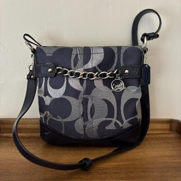 Coach Handbags - Coach Moto Optic Metallic Navy Signature Patent Leather Chain Duffle Shoulder